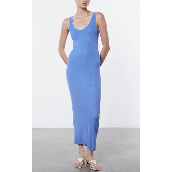 ENZA COSTA Dress Womens Small Blue Silk Rib Maxi Tank Dress Scoop Long NWT - Picture 1 of 16